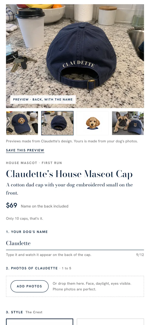 The cap builder on a phone, with Claudette's name on the back of the cap