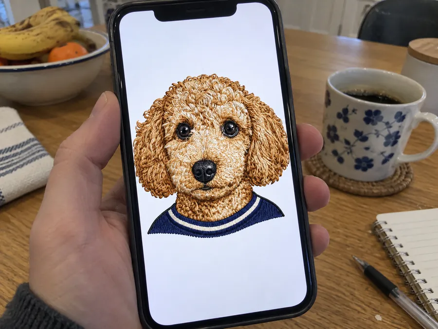A phone showing the embroidered dog design to approve
