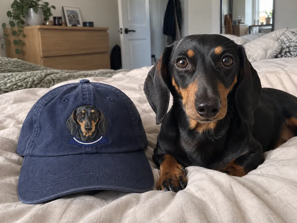 A dachshund on a bed next to its cap