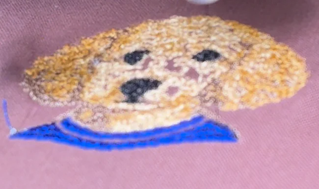 Claudette's emblem embroidered in thread on fabric