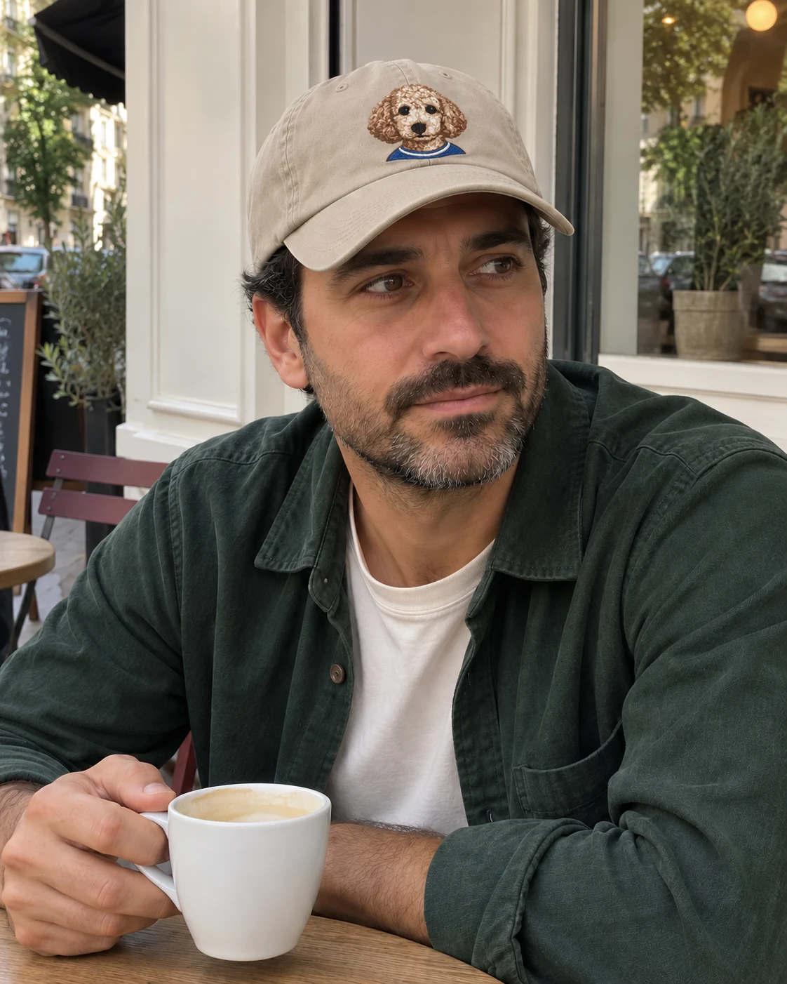 A man wearing a Stone House Mascot cap and Forest overshirt outside a neighbourhood cafe