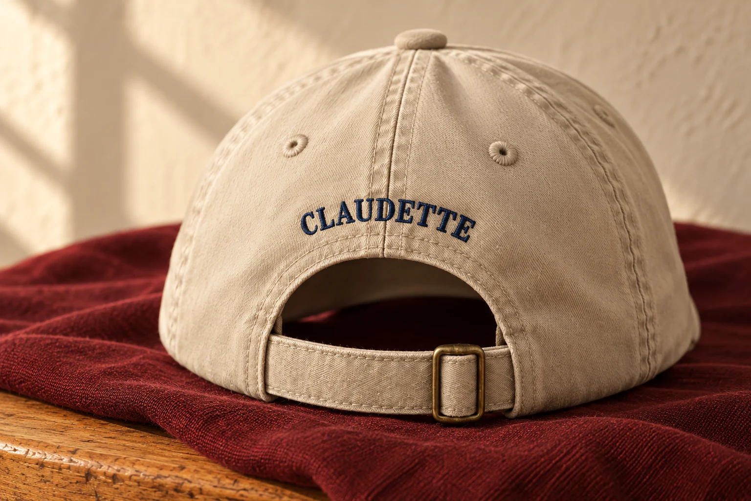 Claudette's name above the back opening of a Stone cap